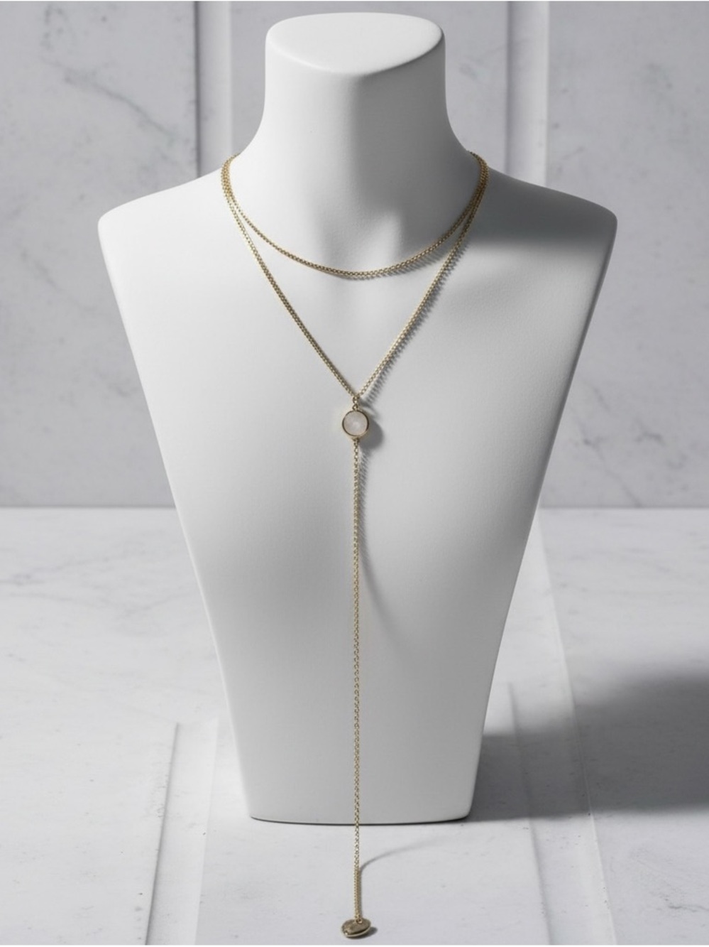 Gold Layered Y-Chain Necklace with Rose Quartz